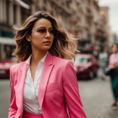 a confident woman strides down a bustling city street, donning a vibrant pink blazer that turns heads.