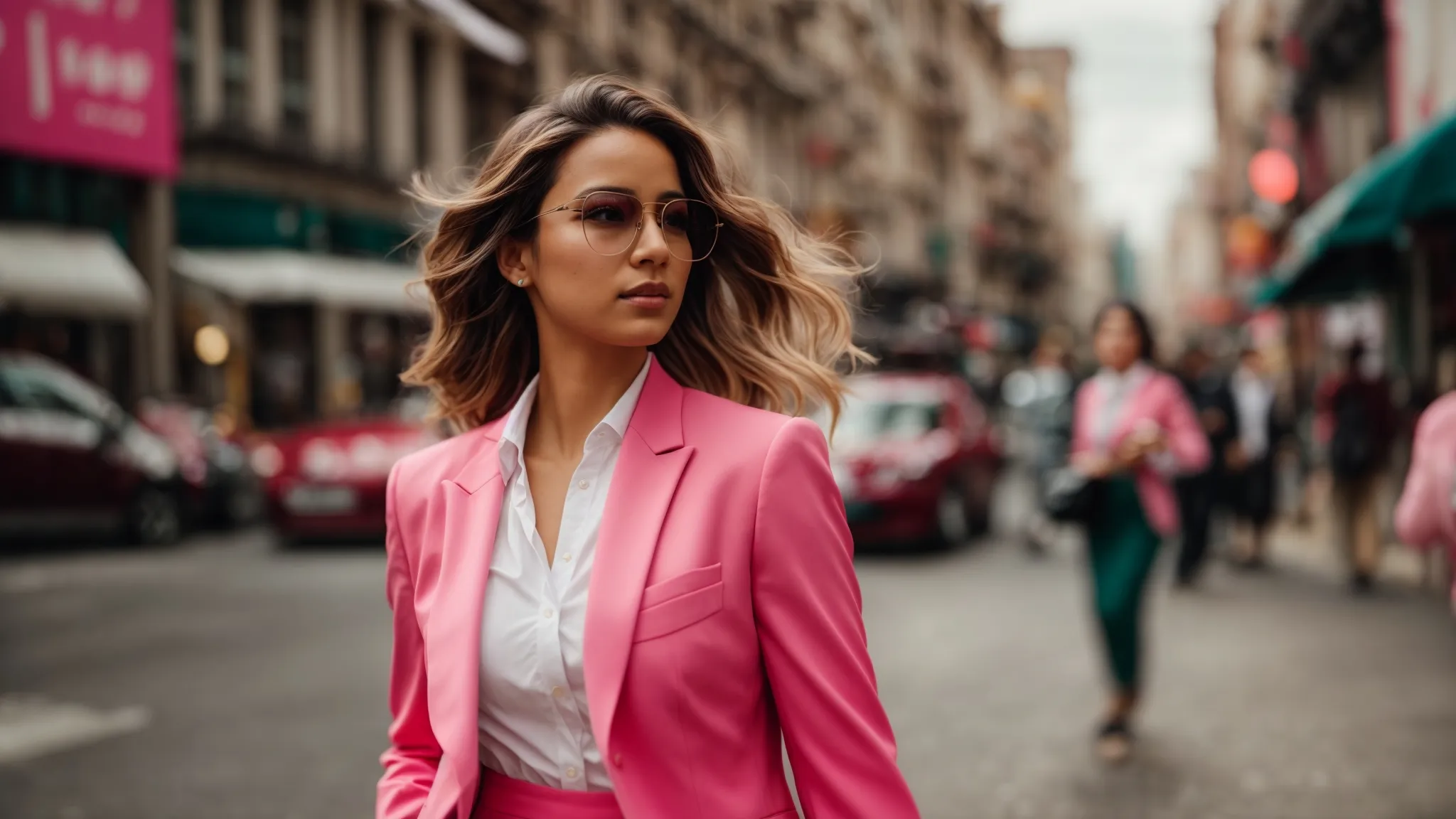 a confident woman strides down a bustling city street, donning a vibrant pink blazer that turns heads.