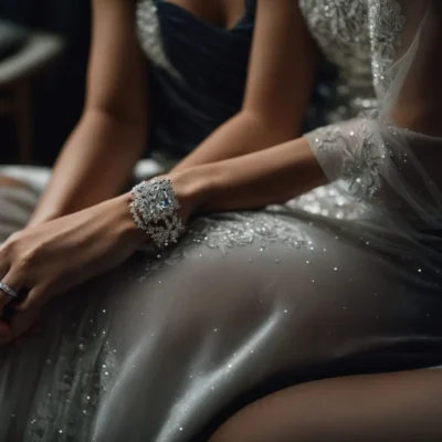 a woman wearing an elegant dress admires a shimmering diamond tennis bracelet elegantly displayed on a velvet cushion.
