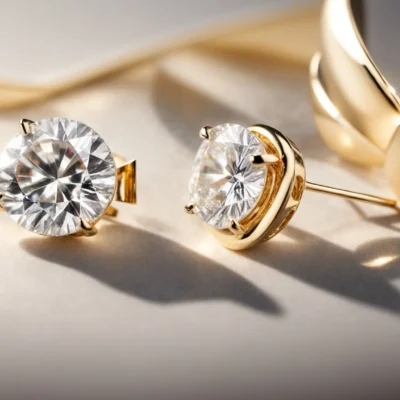 a pair of gleaming 14k diamond earrings resting elegantly on a polished, reflective surface under a soft, illuminating light.