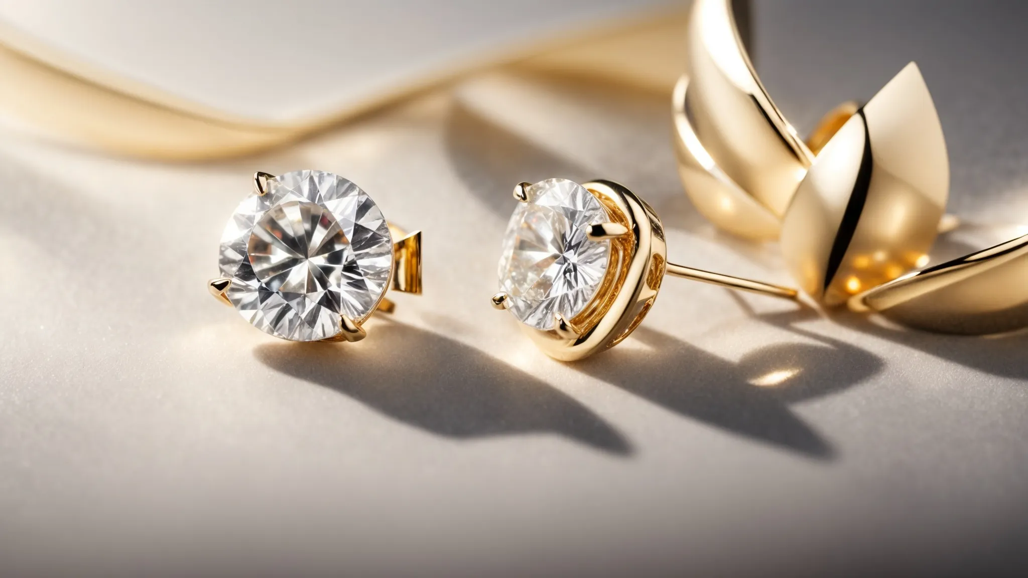 a pair of gleaming 14k diamond earrings resting elegantly on a polished, reflective surface under a soft, illuminating light.