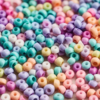 a vibrant selection of pastel polymer heishi beads sprawled out on a crafting table, ready for jewelry making.