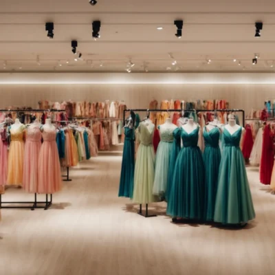 rows of colorful dresses on display in a boutique, with shoppers browsing through them.