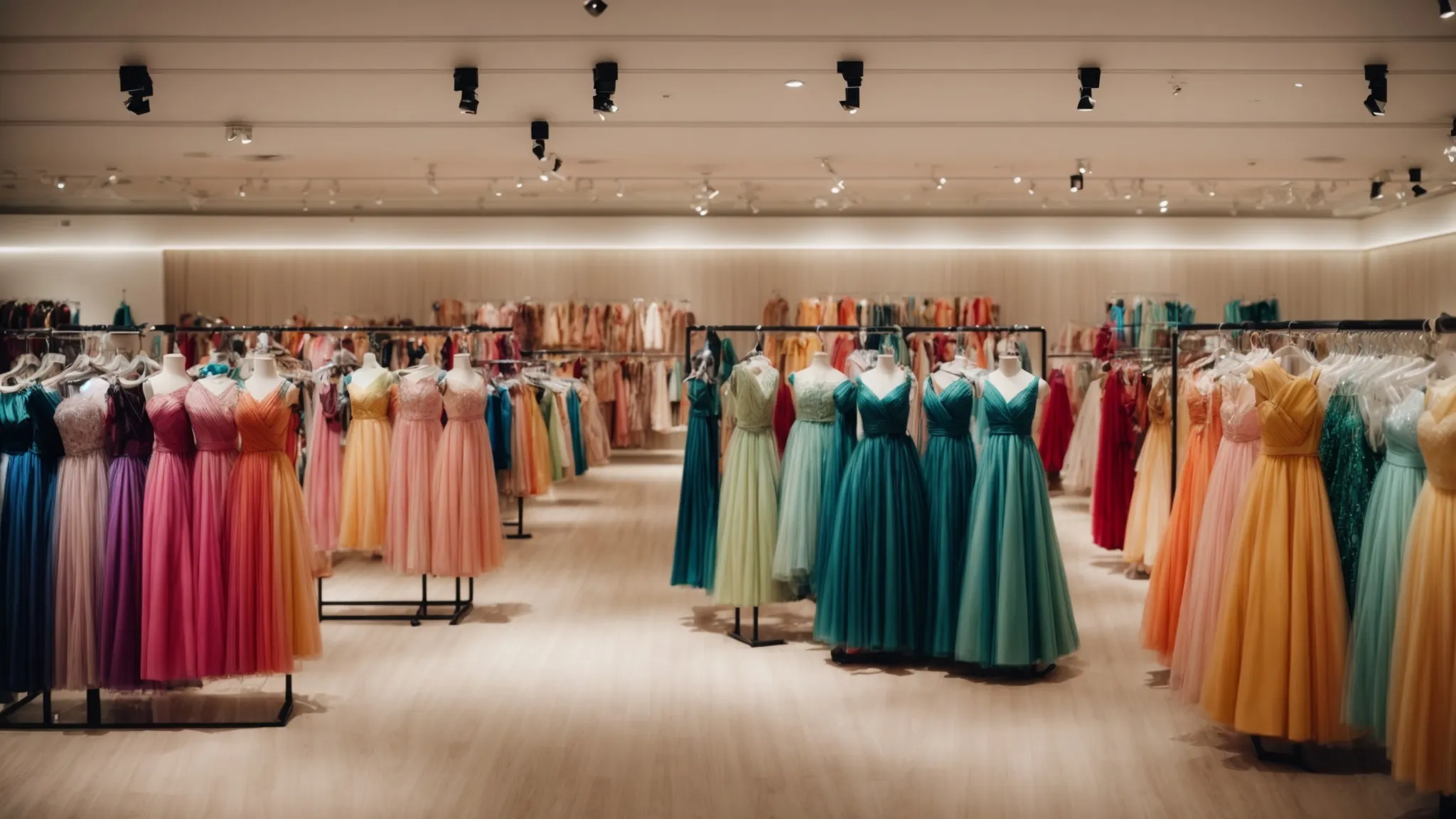 rows of colorful dresses on display in a boutique, with shoppers browsing through them.