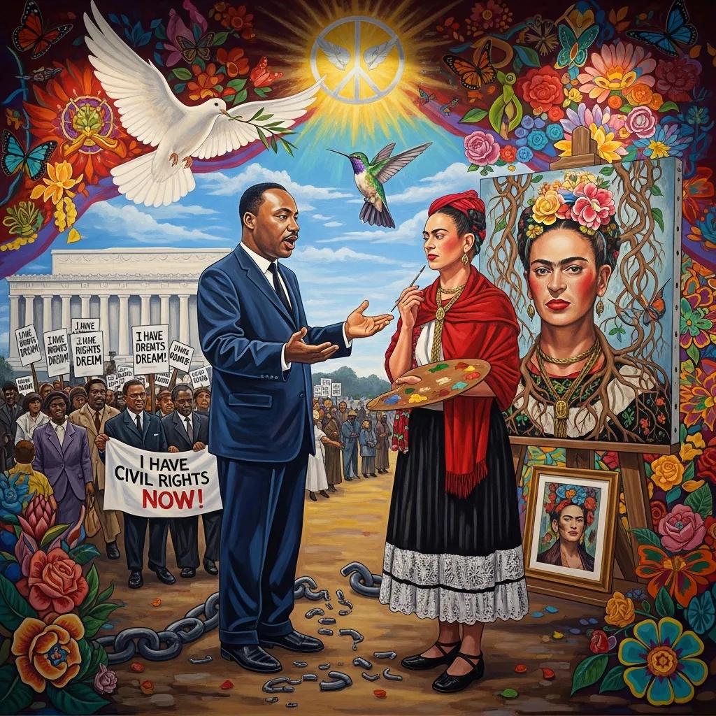 Cultural icons Martin Luther King Jr. and Frida Kahlo symbolizing their societal influence