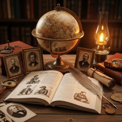 Open biography book with historical artifacts symbolizing exploration of influence