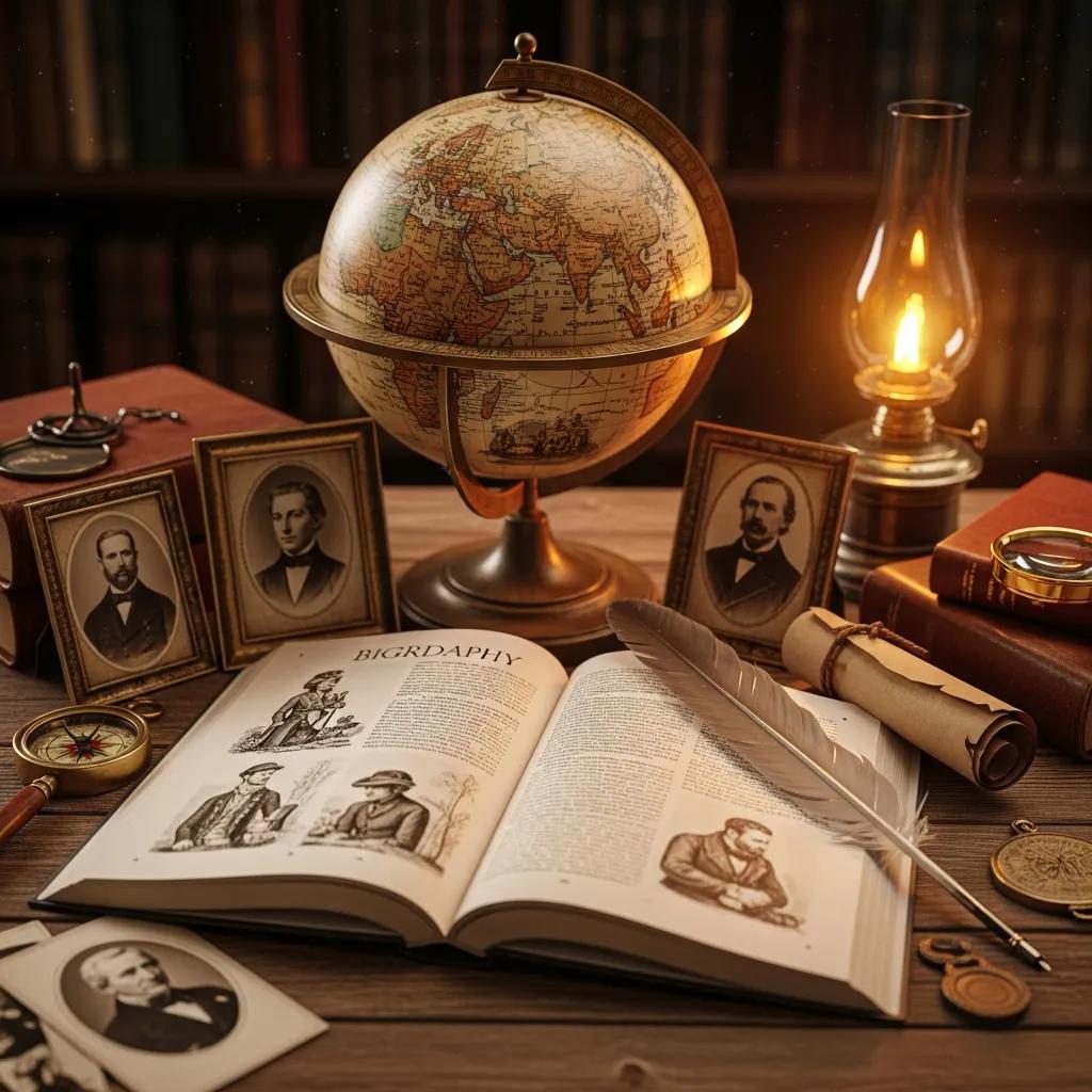 Open biography book with historical artifacts symbolizing exploration of influence